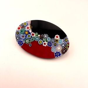 Murano Millefiori Glass Brooch – Oval, Red & Black with Floral Mosaic